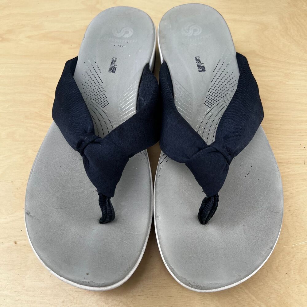 Clarks Cloud steppers Arla Glison Blue fabric wedge thong flip flops sandals Sz9